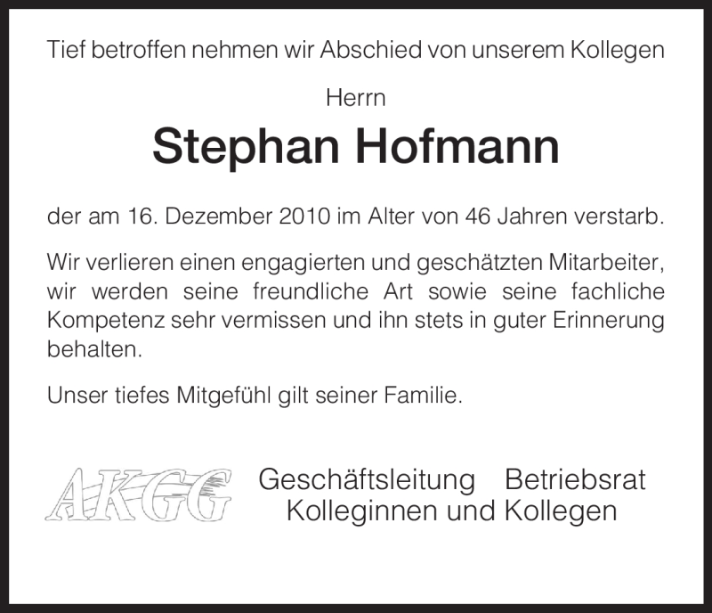  Traueranzeige für Stephan Hofmann vom 20.12.2010 aus HNA