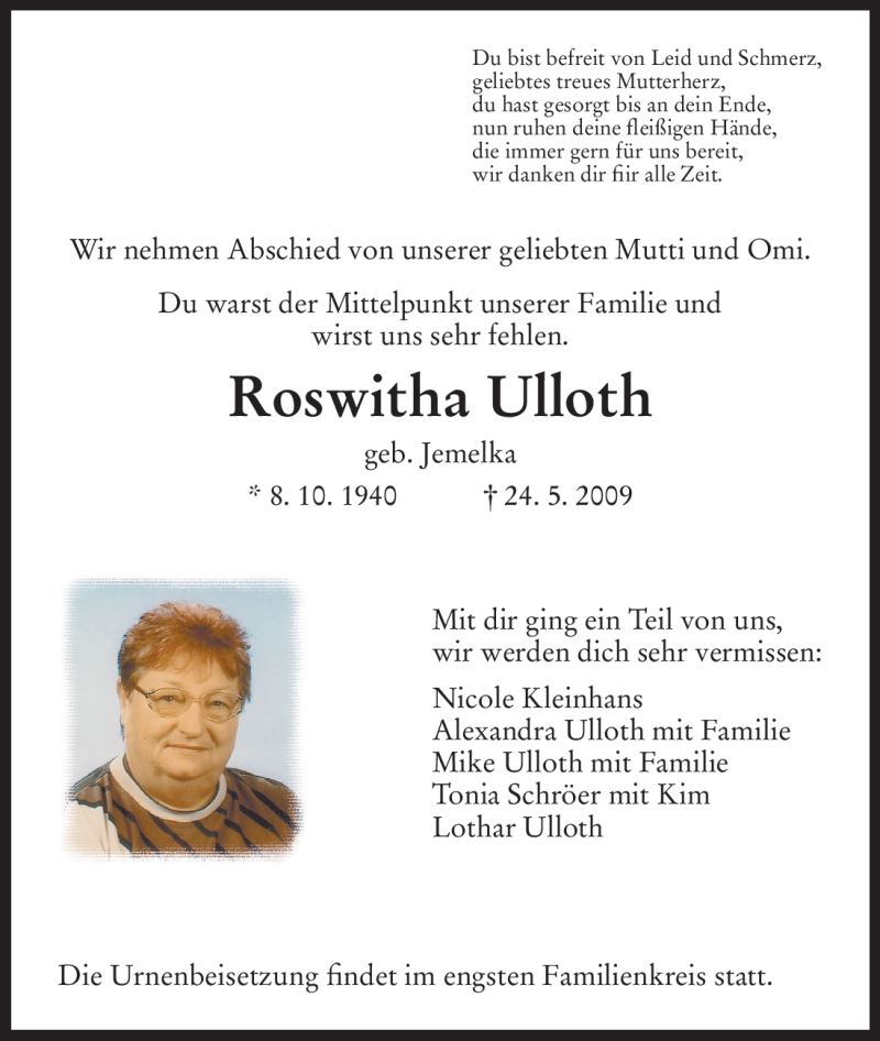  Traueranzeige für Roswitha Ulloth vom 30.05.2009 aus HNA