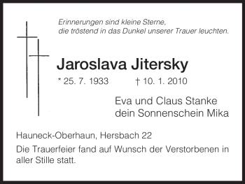 Traueranzeige von Jaroslava Jitersky von HNA
