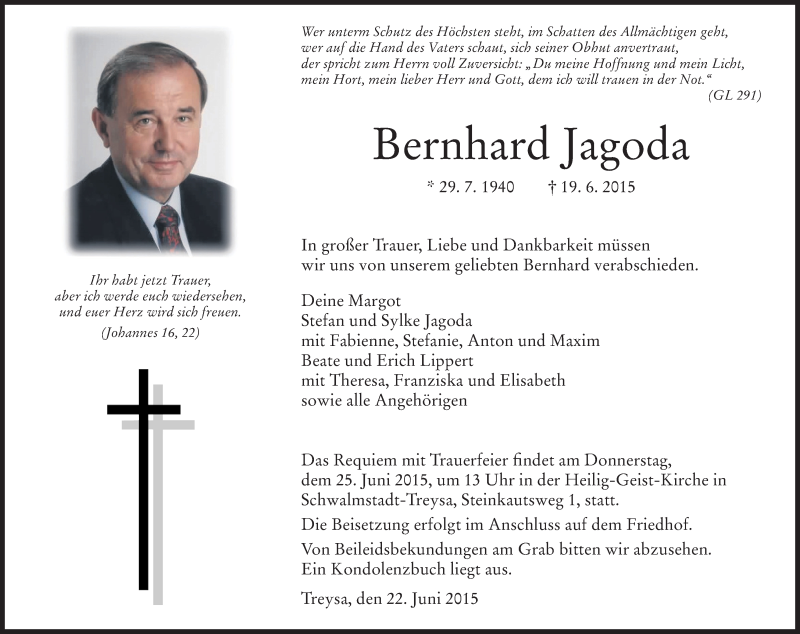  Traueranzeige für Bernhard Jagoda vom 22.06.2015 aus HNA