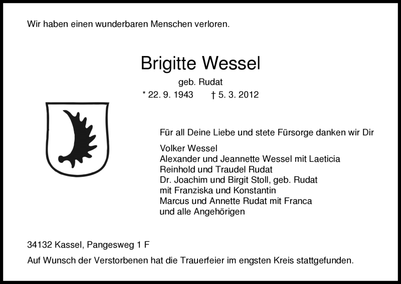  Traueranzeige für Brigitte Wessel vom 14.03.2012 aus HNA