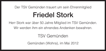 Traueranzeige von Friedel Stork von HNA
