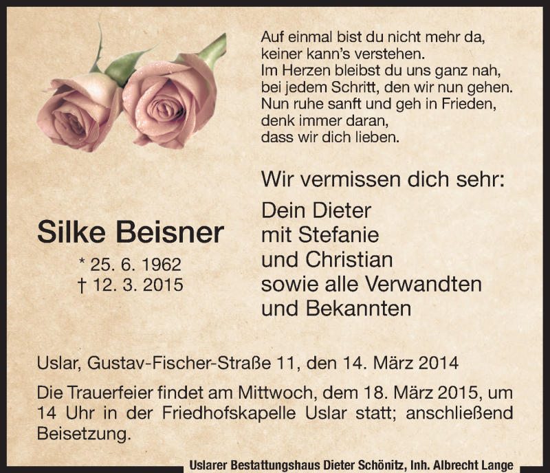  Traueranzeige für Silke Beisner vom 14.03.2015 aus HNA