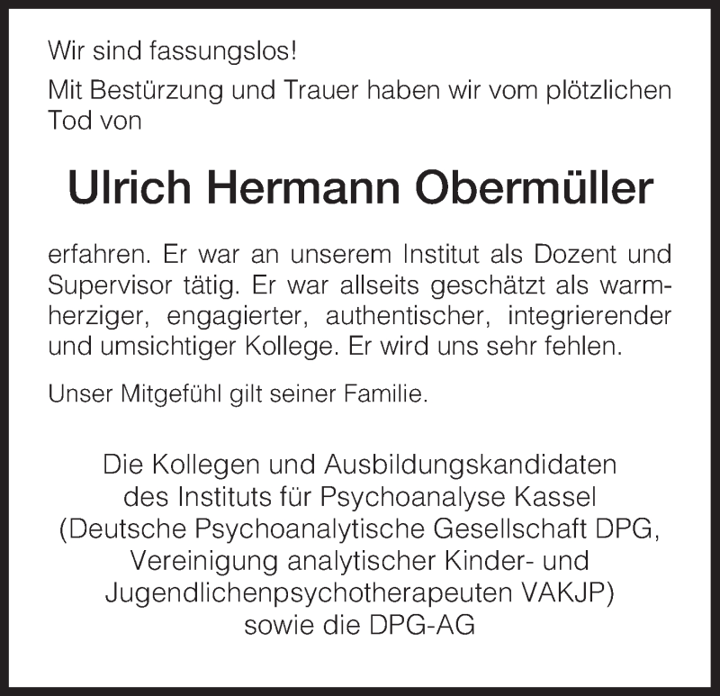 Traueranzeige für Ulrich Hermann Obermüller vom 27.01.2015 aus HNA