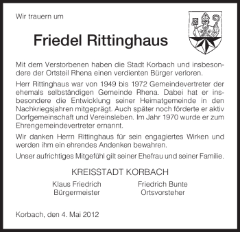 Traueranzeige von Friedel Rittinghaus von HNA