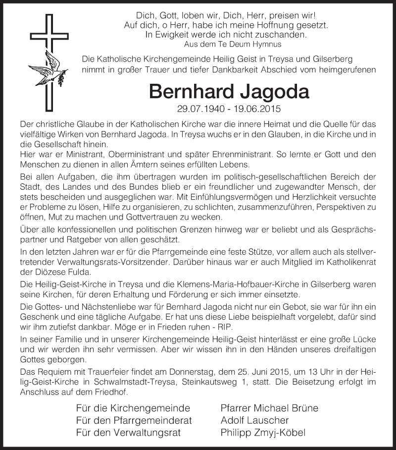  Traueranzeige für Bernhard Jagoda vom 24.06.2015 aus HNA