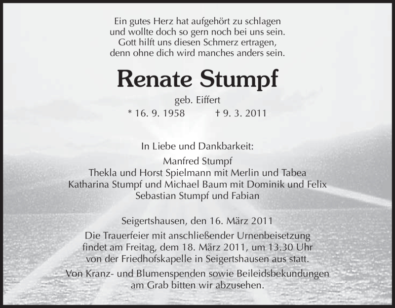  Traueranzeige für Renate Stumpf vom 16.03.2011 aus HNA