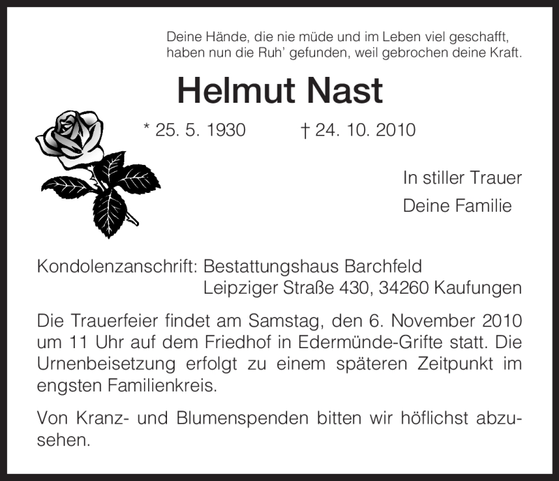  Traueranzeige für Helmut Nast vom 30.10.2010 aus HNA
