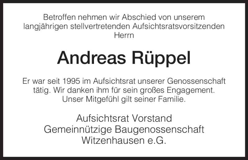  Traueranzeige für Andreas Rüppel vom 26.08.2011 aus HNA
