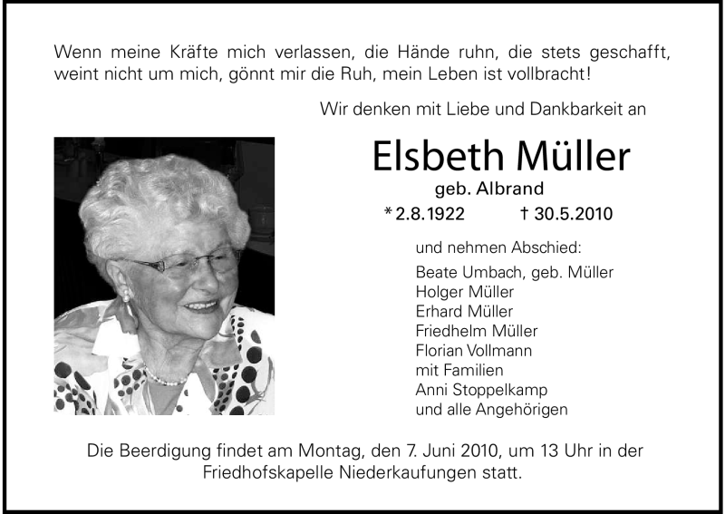  Traueranzeige für Elsbeth Müller vom 03.06.2010 aus HNA