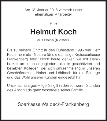 Traueranzeige von Helmut Koch von HNA