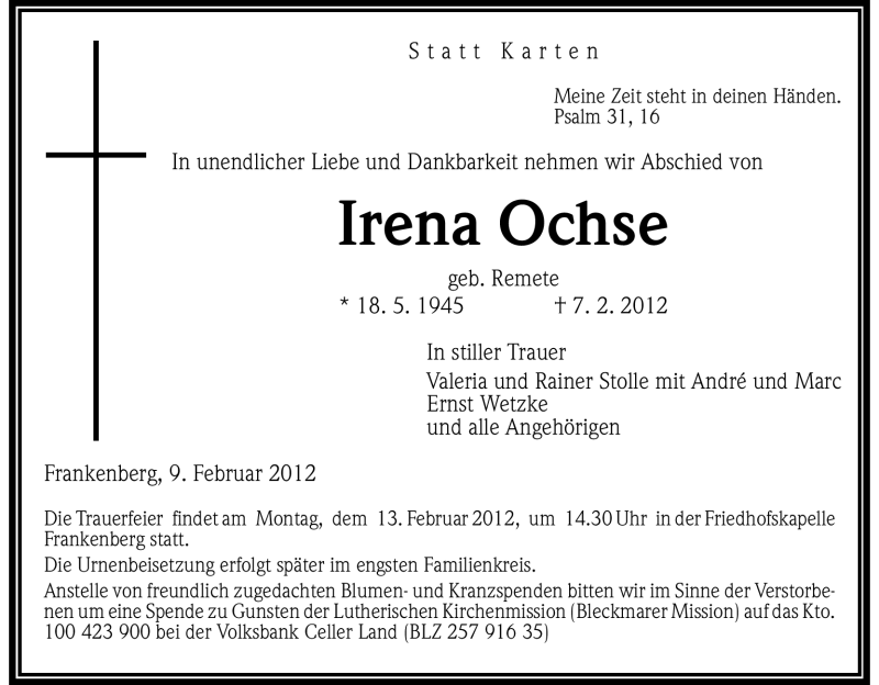  Traueranzeige für Irena Ochse vom 09.02.2012 aus HNA
