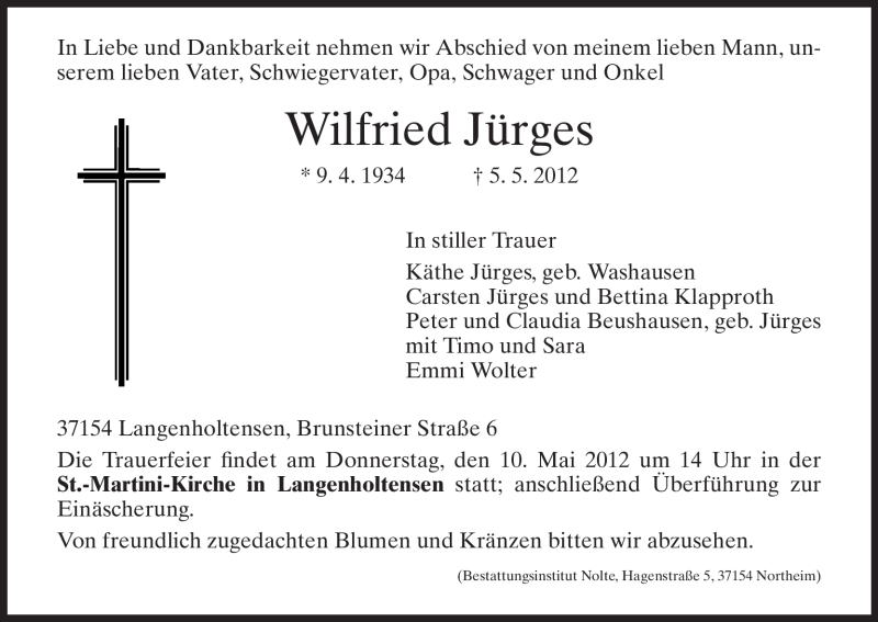  Traueranzeige für Wilfried Jürges vom 07.05.2012 aus HNA