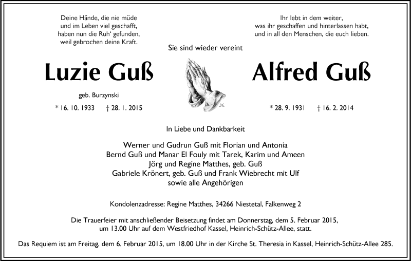  Traueranzeige für Luzie und Alfred Guß vom 30.01.2015 aus HNA