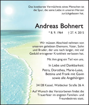 Traueranzeige von Andreas Bohnert von HNA
