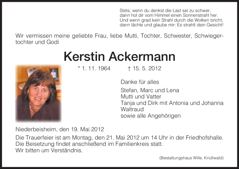  Traueranzeige für Kerstin Ackermann vom 19.05.2012 aus HNA