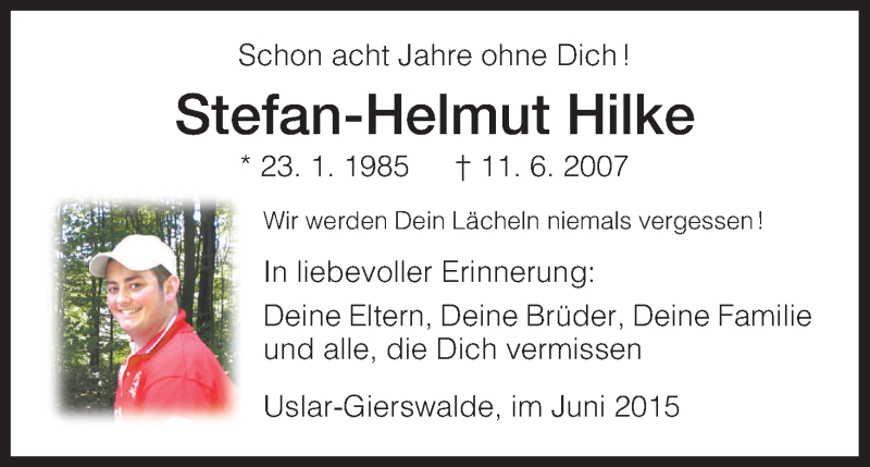  Traueranzeige für Stefan-Helmut Hilke vom 11.06.2015 aus HNA