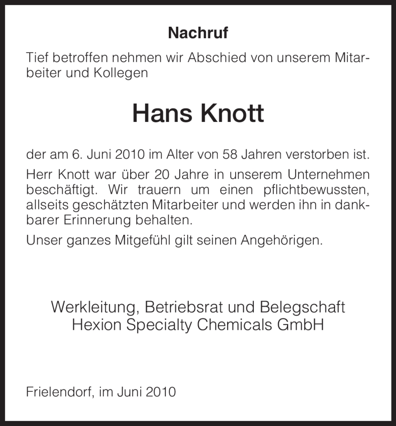  Traueranzeige für Hans Knott vom 11.06.2010 aus HNA