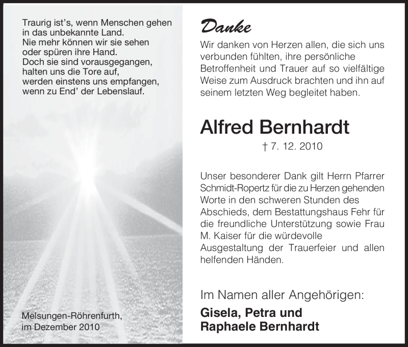  Traueranzeige für Alfred Bernhardt vom 31.12.2010 aus HNA