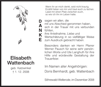 Traueranzeige von Elisabeth Wattenbach von HNA