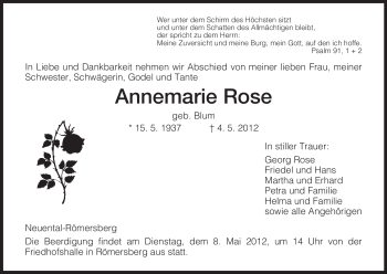 Traueranzeige von Annemarie Rose von HNA