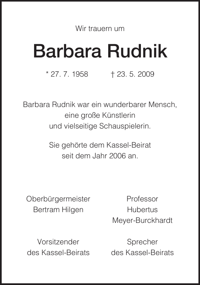  Traueranzeige für Barbara Rudnik vom 27.05.2009 aus HNA