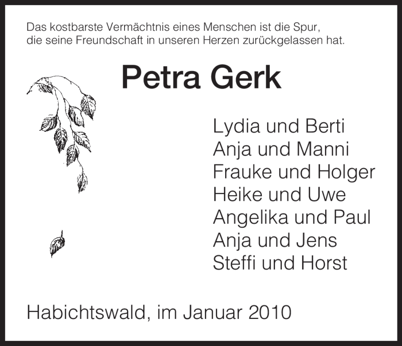  Traueranzeige für Petra Gerk vom 28.01.2010 aus HNA
