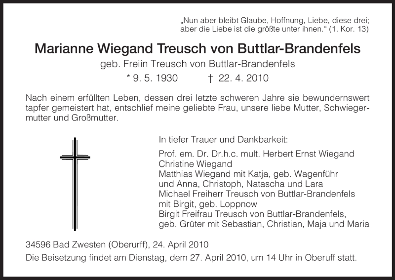  Traueranzeige für Marianne Wiegand Treusch von Buttlar-Brandenfels vom 24.04.2010 aus HNA