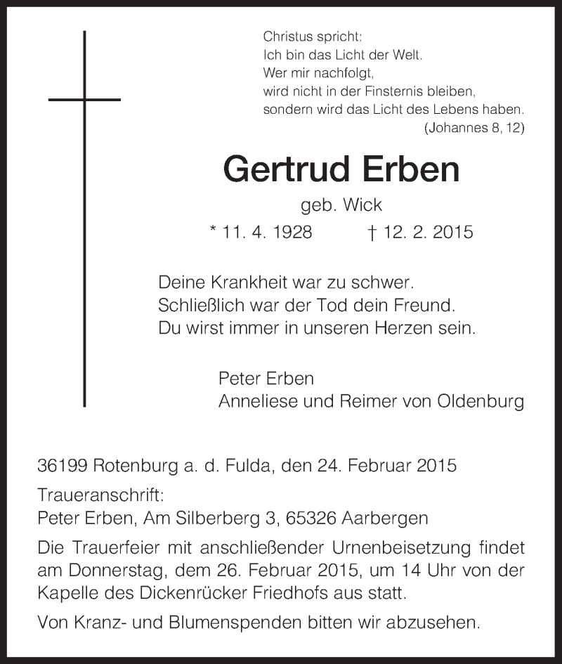  Traueranzeige für Gertrud Erben vom 24.02.2015 aus HNA