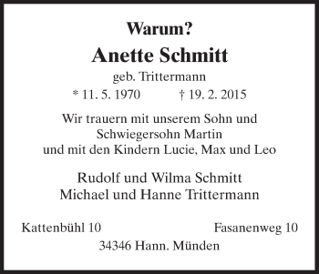 Traueranzeige von Anette Schmitt von HNA