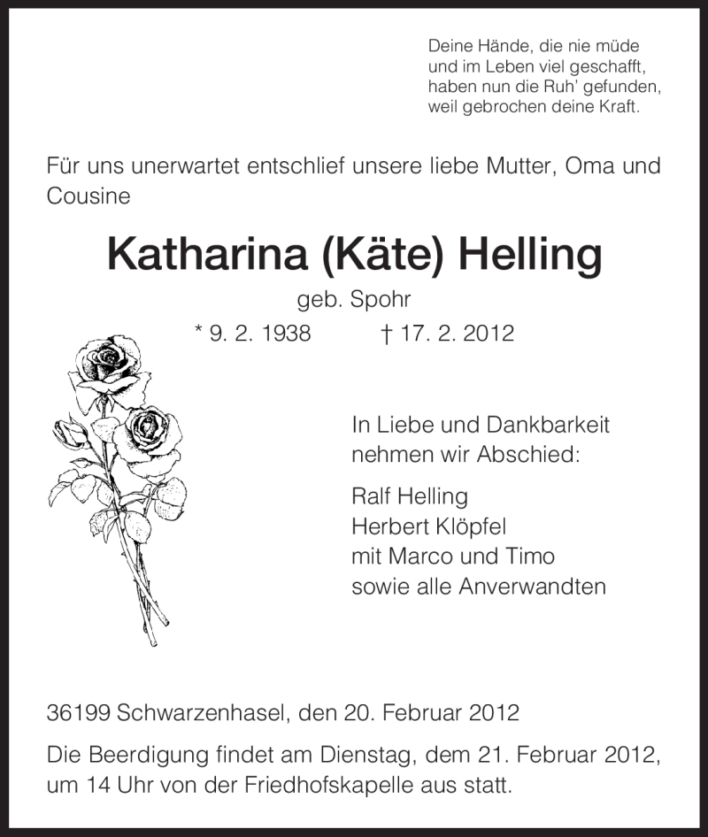  Traueranzeige für Katharina Helling vom 20.02.2012 aus HNA