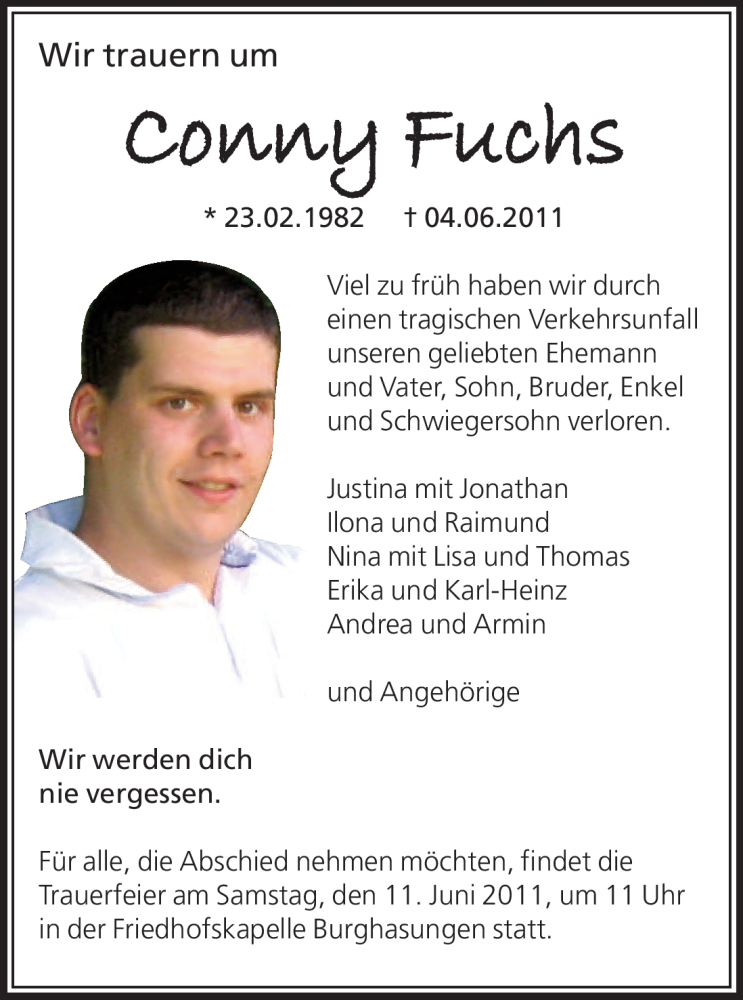  Traueranzeige für Conny Fuchs vom 08.06.2011 aus HNA