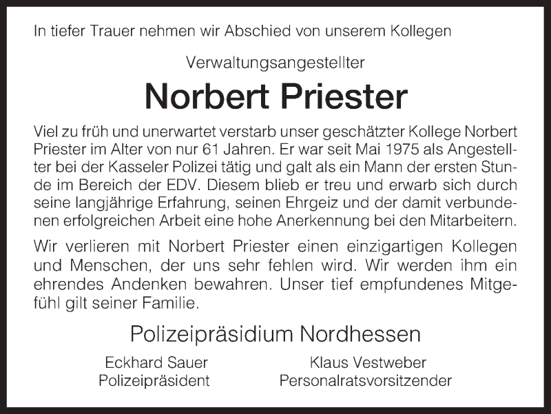  Traueranzeige für Norbert Priester vom 27.01.2015 aus HNA