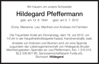Traueranzeige von Hildegard Pfeffermann von HNA