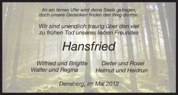 Traueranzeige von Hansfried Unbekannt von HNA