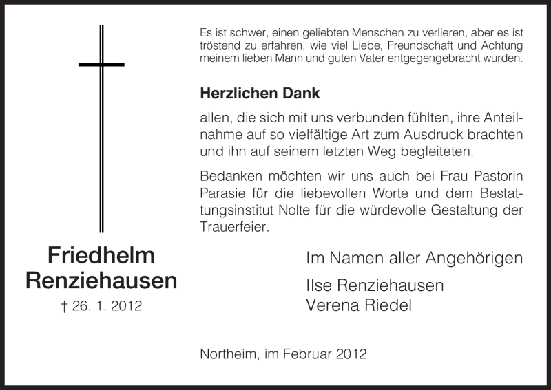  Traueranzeige für Friedhelm Renziehausen vom 18.02.2012 aus HNA
