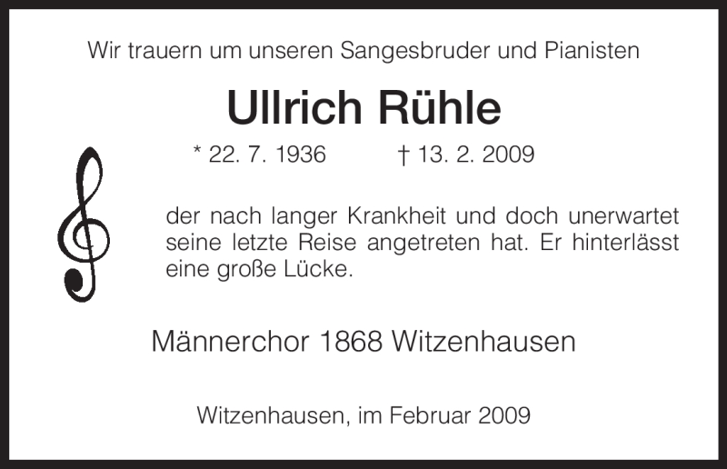  Traueranzeige für Ullrich Rühle vom 18.02.2009 aus HNA