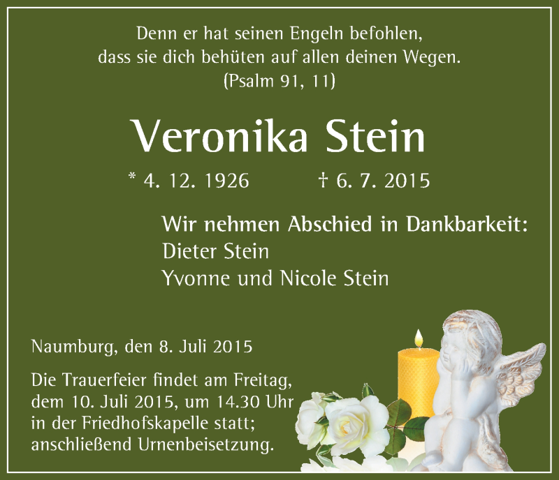  Traueranzeige für Veronika Stein vom 08.07.2015 aus HNA