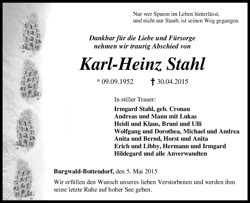  Traueranzeige für Karl-Heinz Stahl vom 05.05.2015 aus HNA