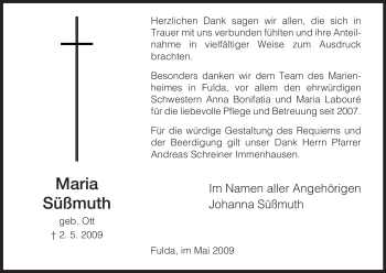 Traueranzeige von Maria Süßmuth von HNA