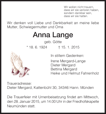 Traueranzeige von Anna Lange von HNA