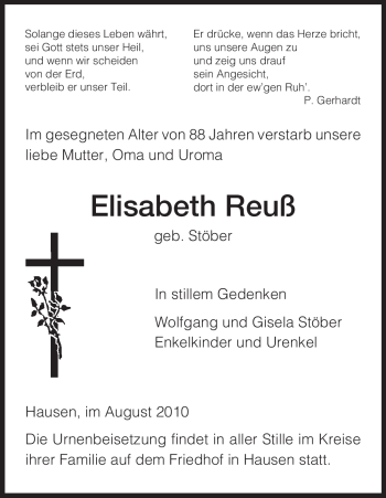 Traueranzeige von Elisabeth Reuß von HNA