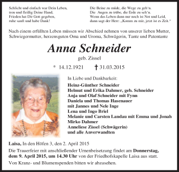 Traueranzeige von Anna Schneider von HNA