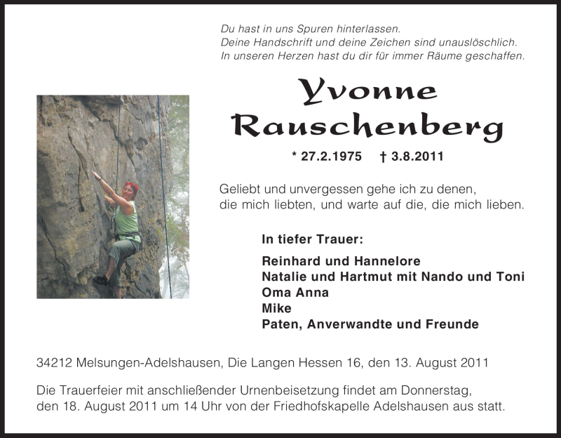  Traueranzeige für Yvonne Rauschenberg vom 13.08.2011 aus HNA