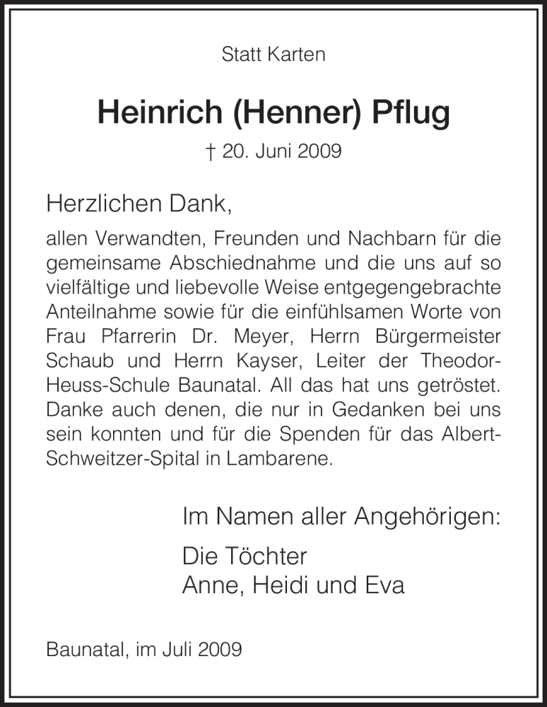  Traueranzeige für Heinrich Pflug vom 04.07.2009 aus HNA