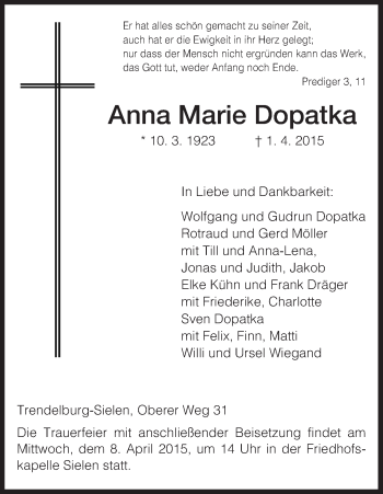 Traueranzeige von Anna Marie Dopatka von HNA