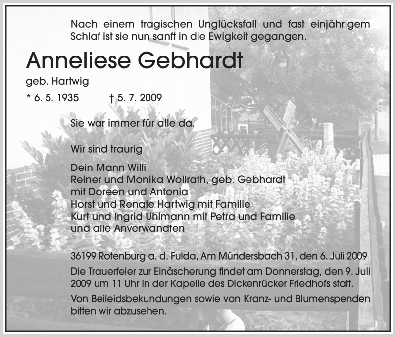  Traueranzeige für Anneliese Gebhardt vom 07.07.2009 aus HNA