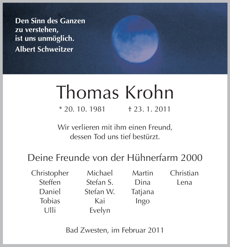  Traueranzeige für Thomas Krohn vom 02.02.2011 aus HNA