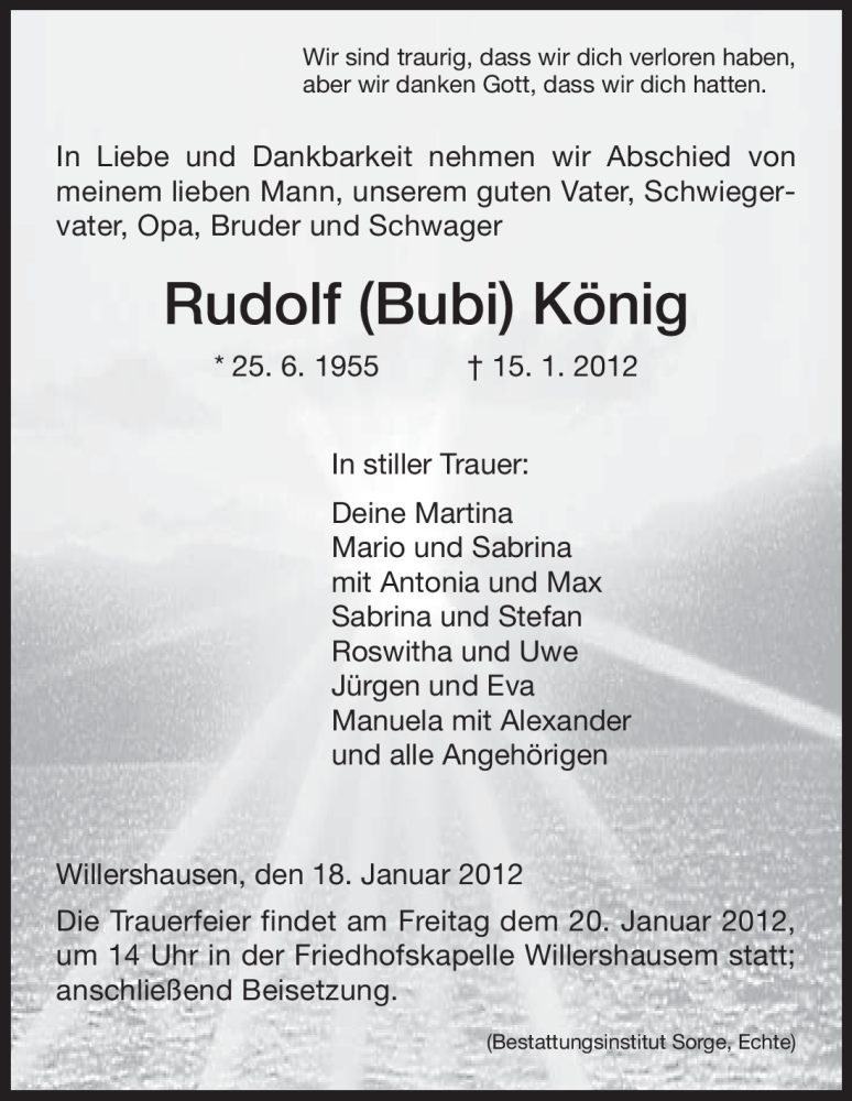  Traueranzeige für Rudolf König vom 18.01.2012 aus HNA