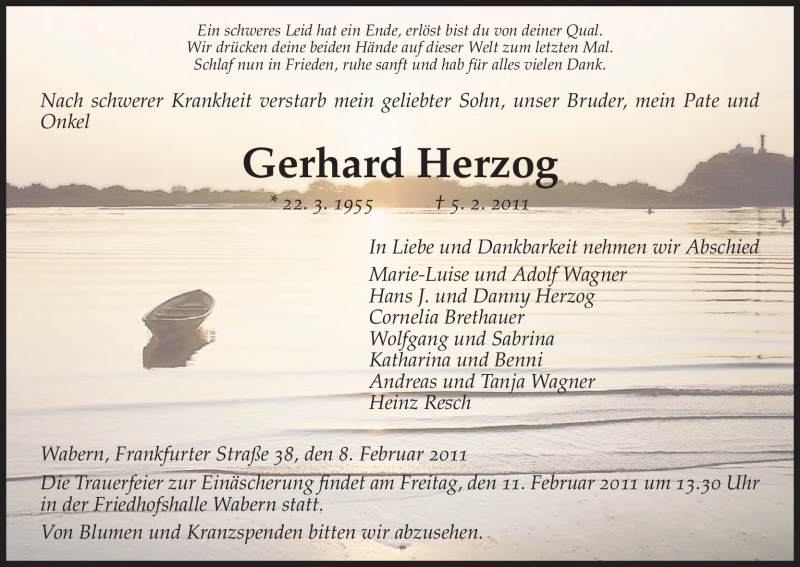  Traueranzeige für Gerhard Herzog vom 08.02.2011 aus HNA
